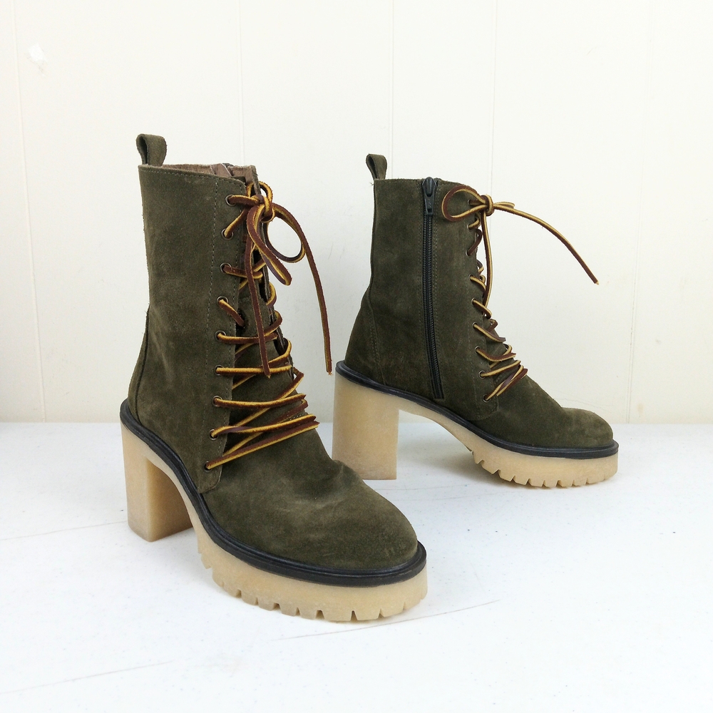 Olive Suede Lace-Up Block Heel Boots - Womens Size 36 US 5.5